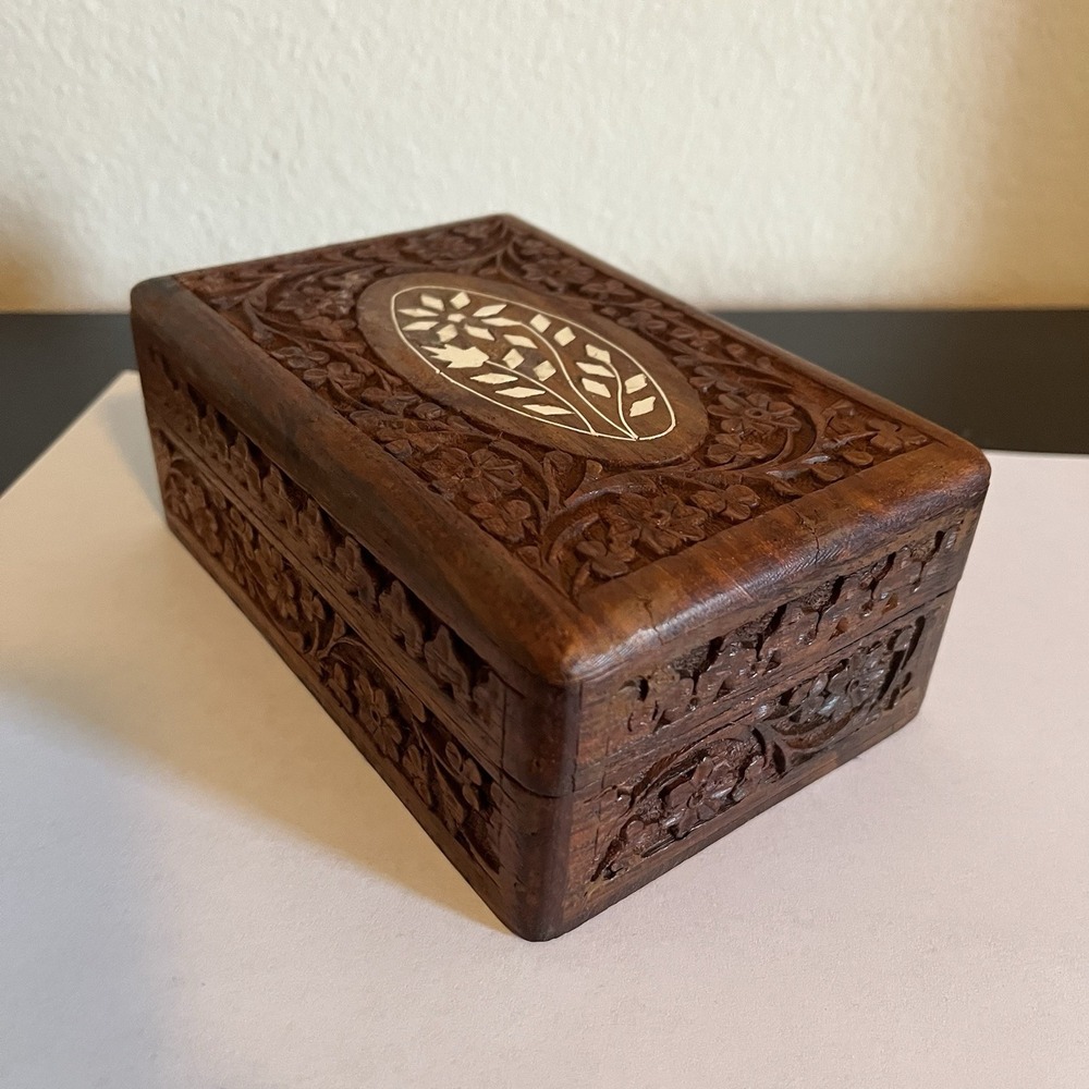 VTG Wooden Jewelry Trinket Box Floral Carved Shesham Wood Inlay Rosewood MCM